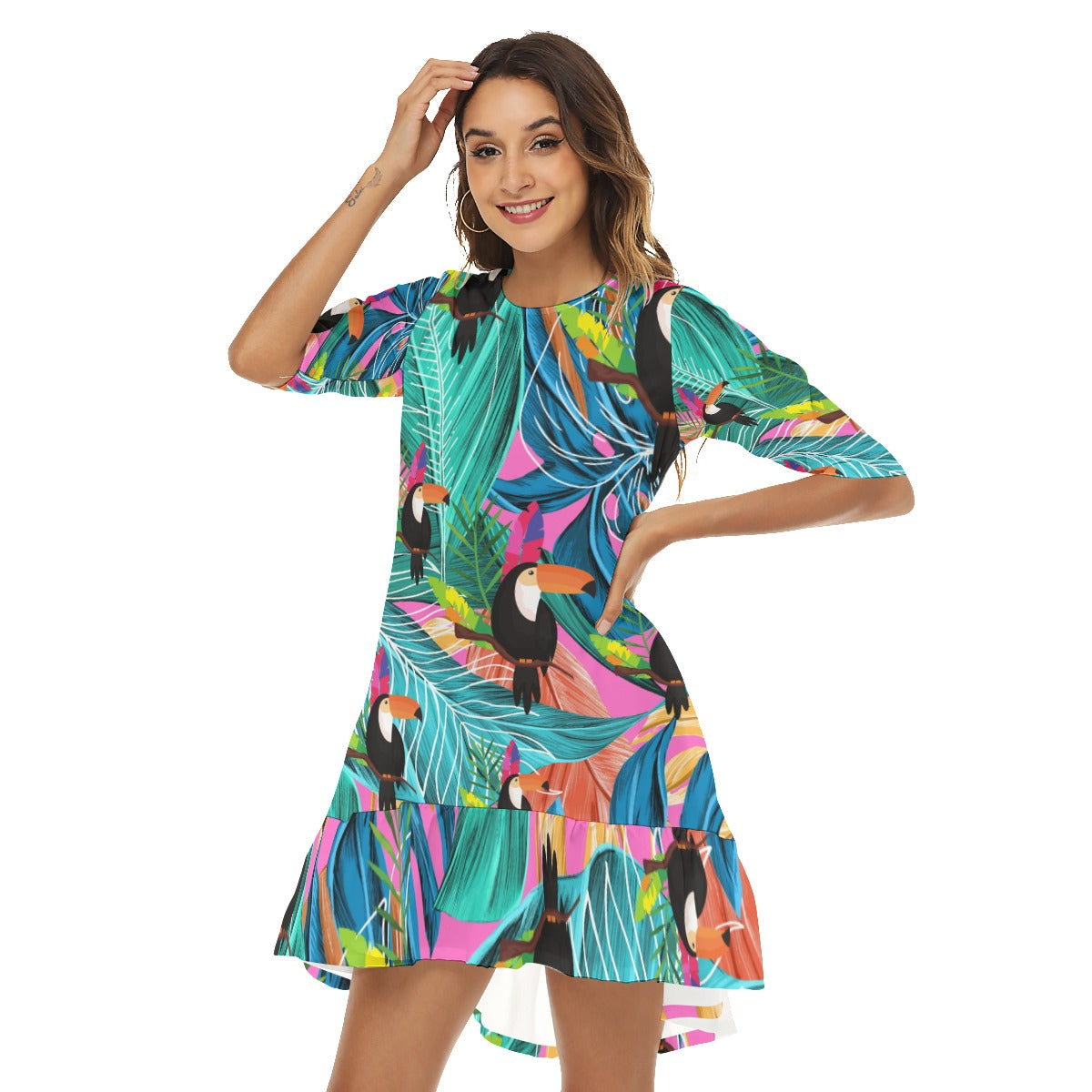 Tropical  Women's Half Sleeve Dress With Ruffle Hem