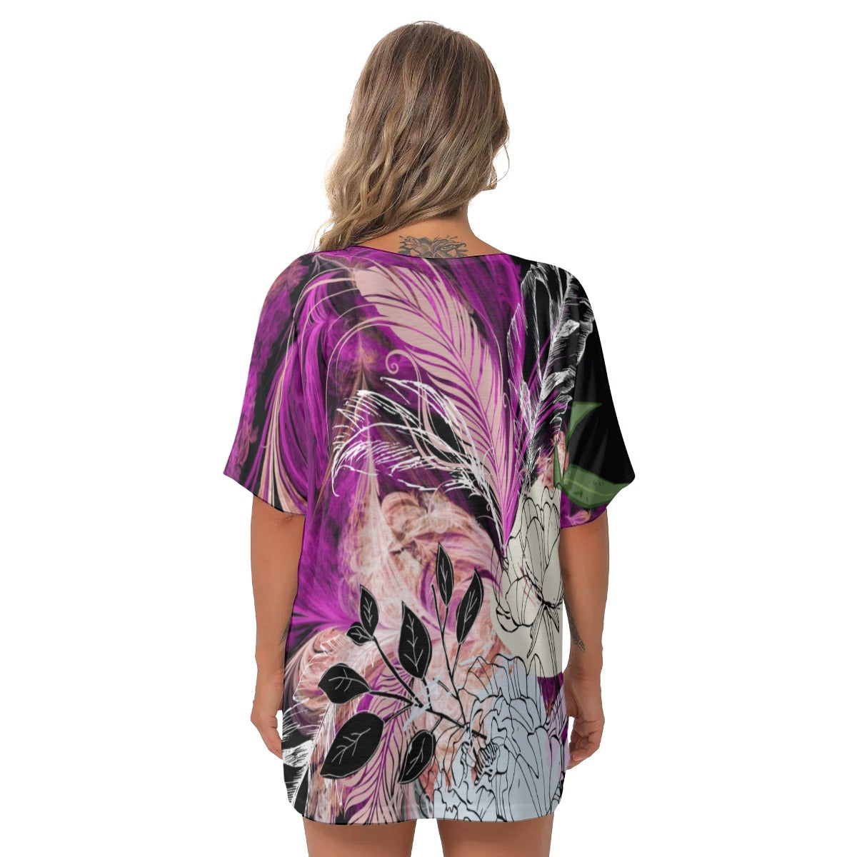 Purple floral All-Over Print Women's Bat Sleeves V-Neck Blouse