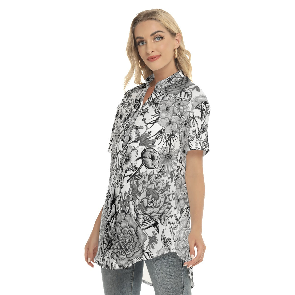 Floral  Women's Stand-up Collar Shirt With Open Button