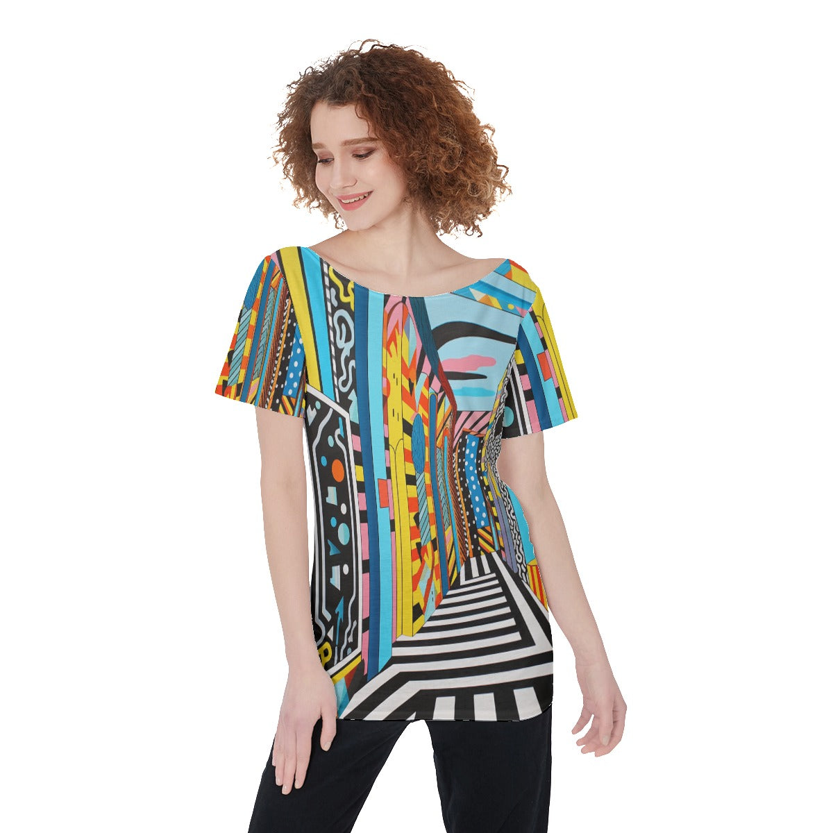 Abstract  Women's Large Off-Shoulder T-Shirt