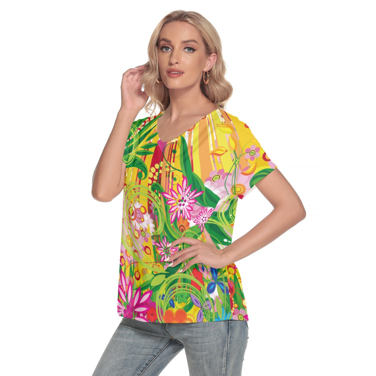 Bright floral  Women's Deep V-neck Short Sleeve T-shirt