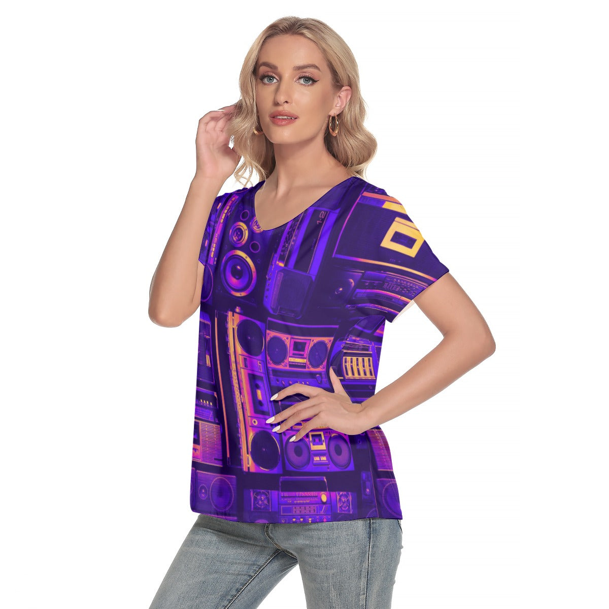 Purple cassette  Women's Deep V-neck Short Sleeve T-shirt