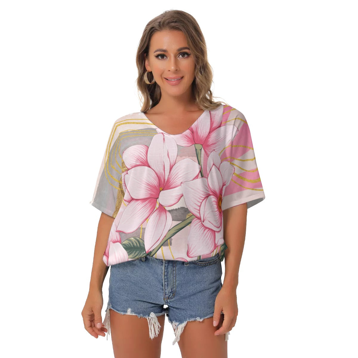 Pink magnolia All-Over Print Women's Bat Sleeves V-Neck Blouse