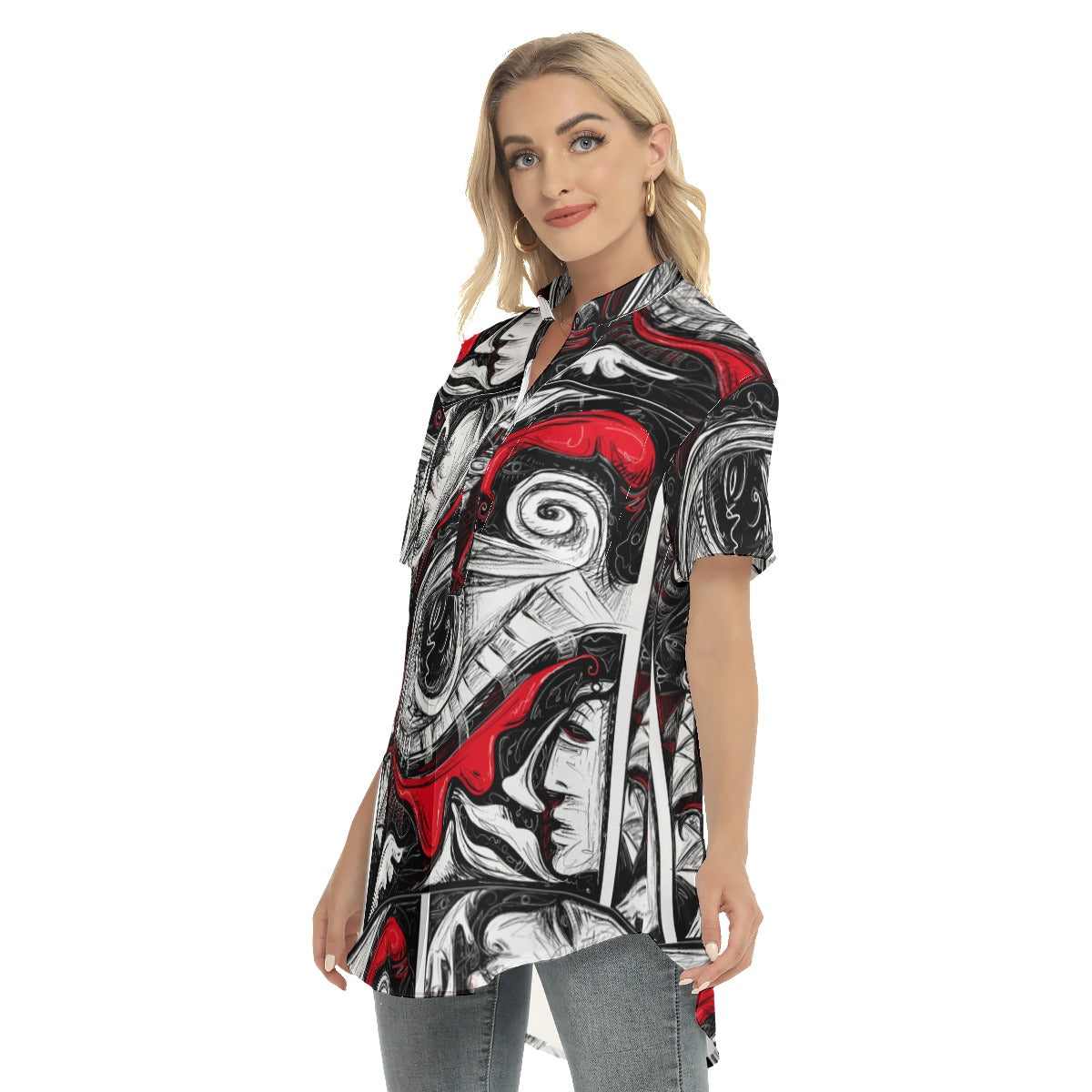 Abstract  Women's Stand-up Collar Shirt With Open Button