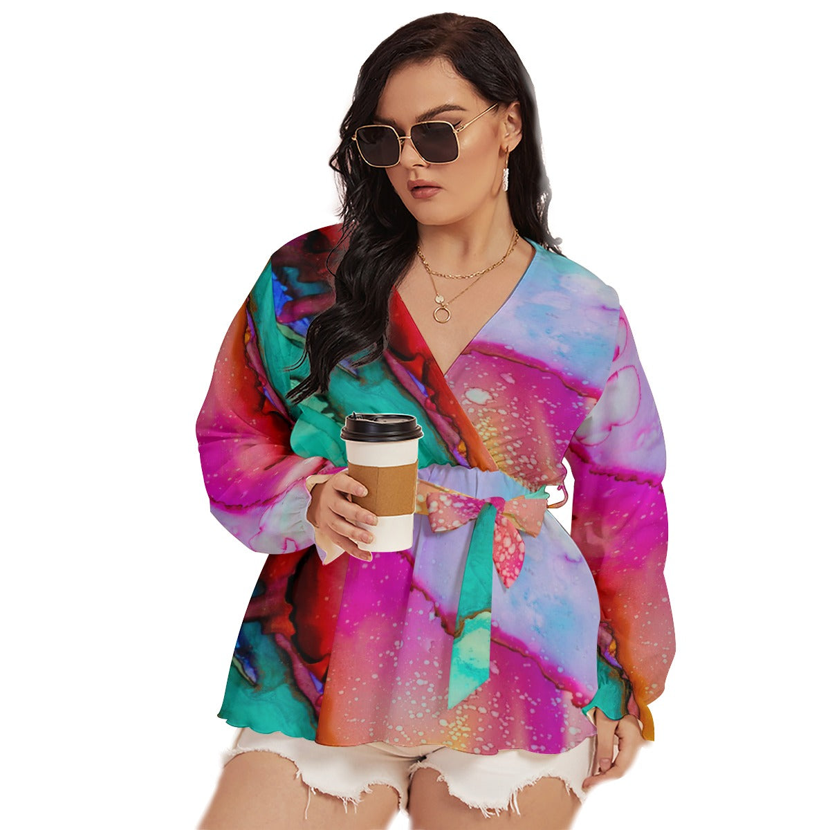 Abstract Multi color All-Over Print Women's V-neck With Waistband