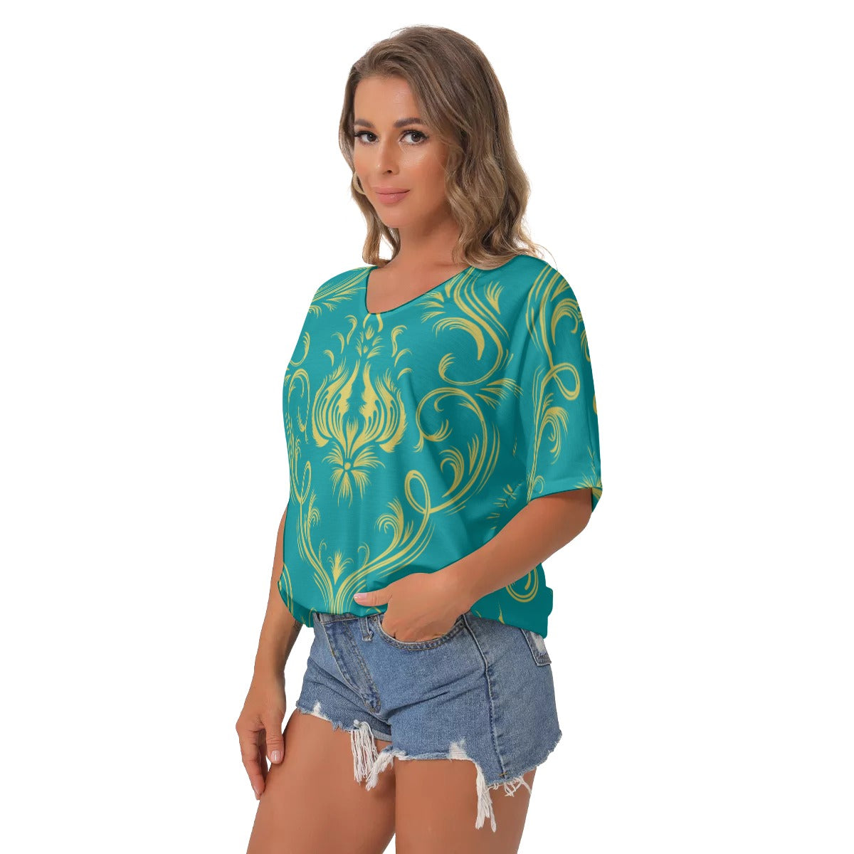 Teal Baroque All-Over Print Women's Bat Sleeves V-Neck Blouse