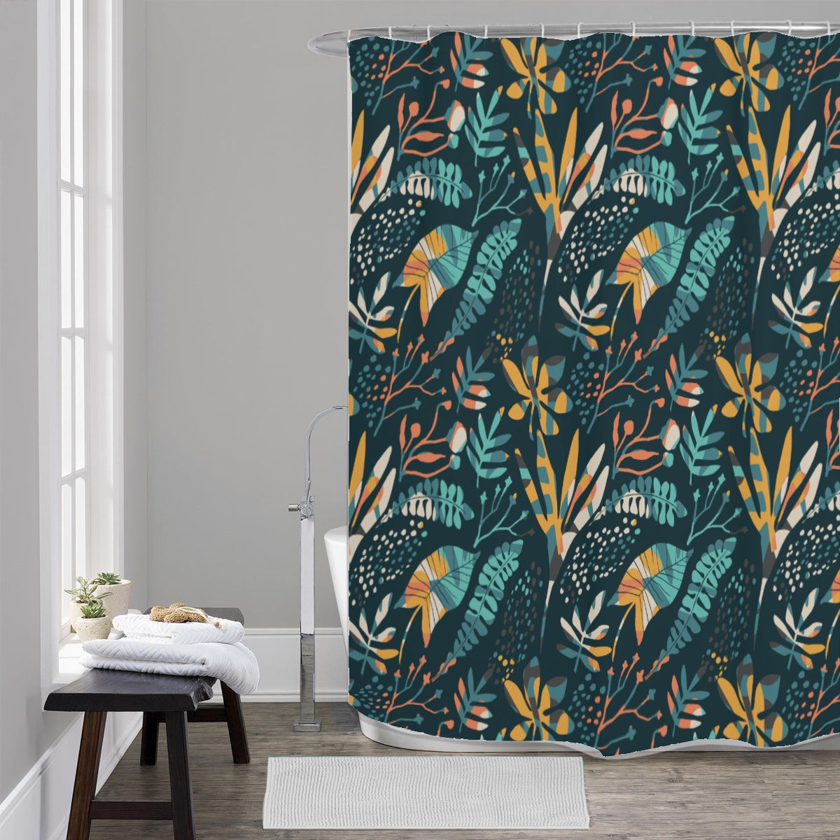 Teal tropical pattern polyester Shower Curtains 150（gsm）