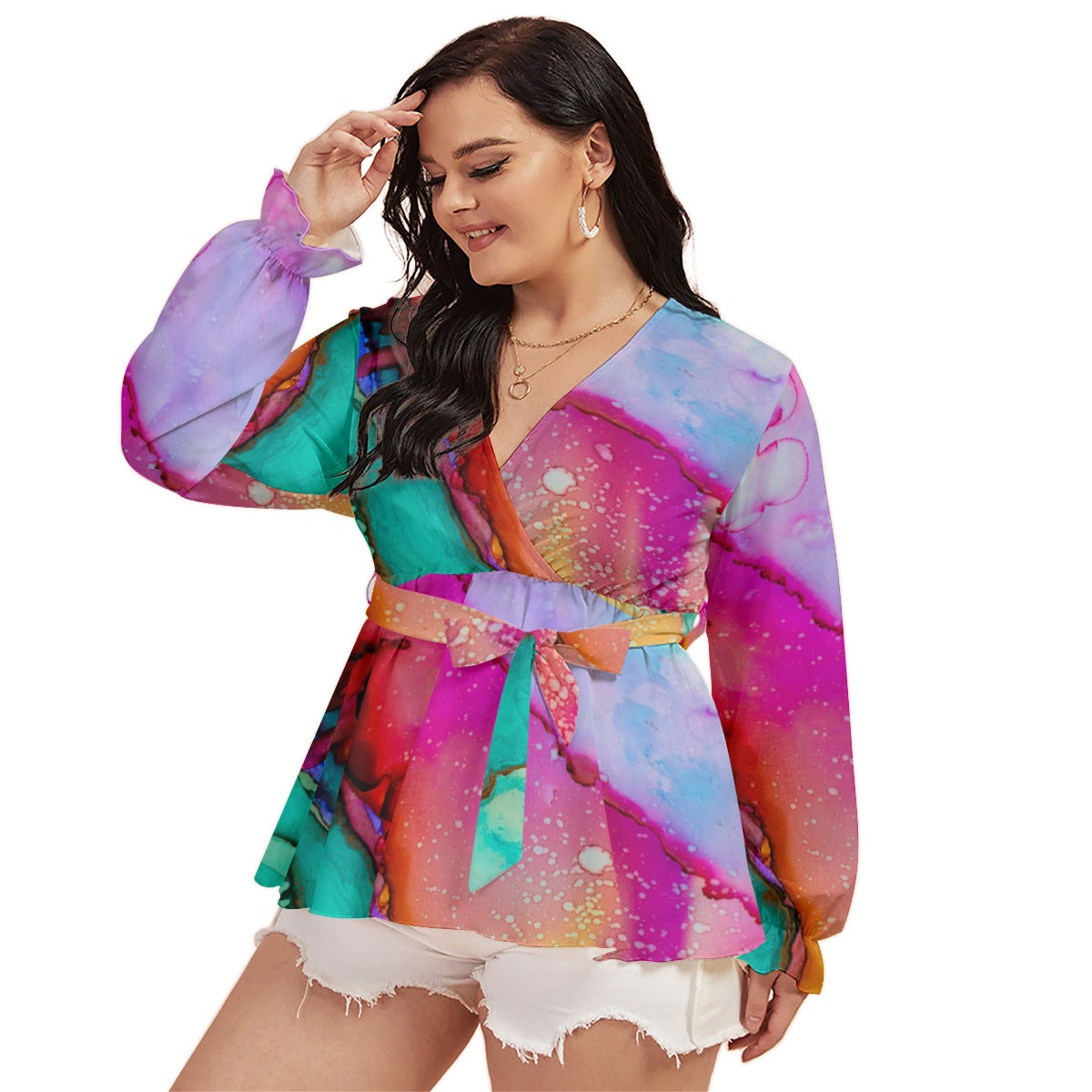 Abstract Multi color All-Over Print Women's V-neck With Waistband