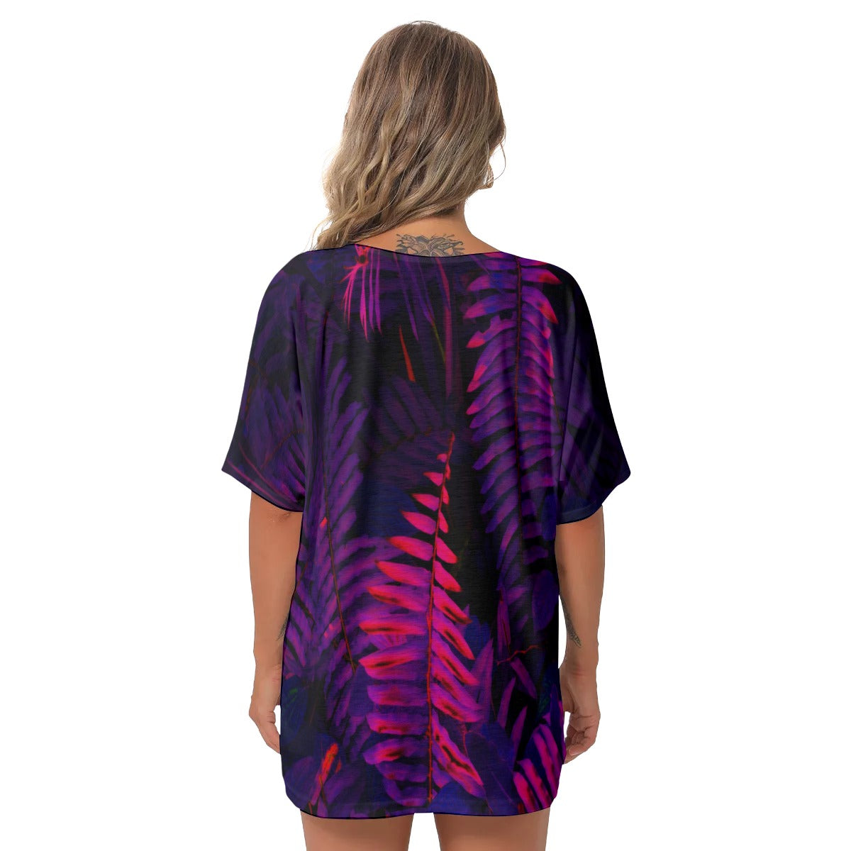 Black and neon All-Over Print Women's Bat Sleeves V-Neck Blouse