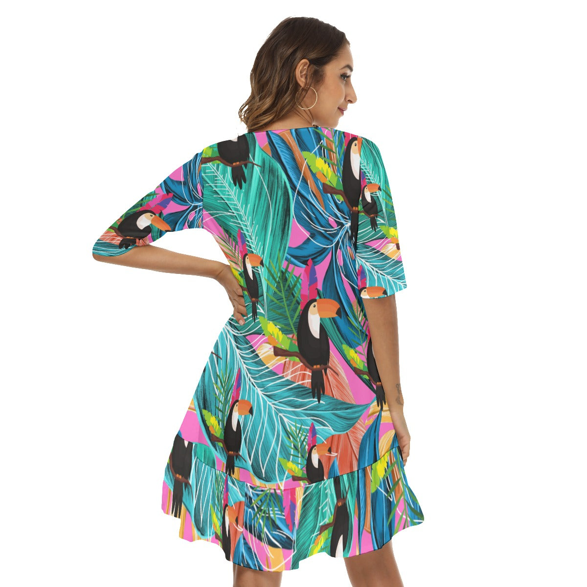 Tropical  Women's Half Sleeve Dress With Ruffle Hem