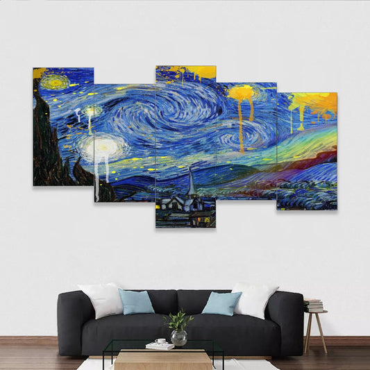 Starry night remix Framed five-piece mural *Free shipping*