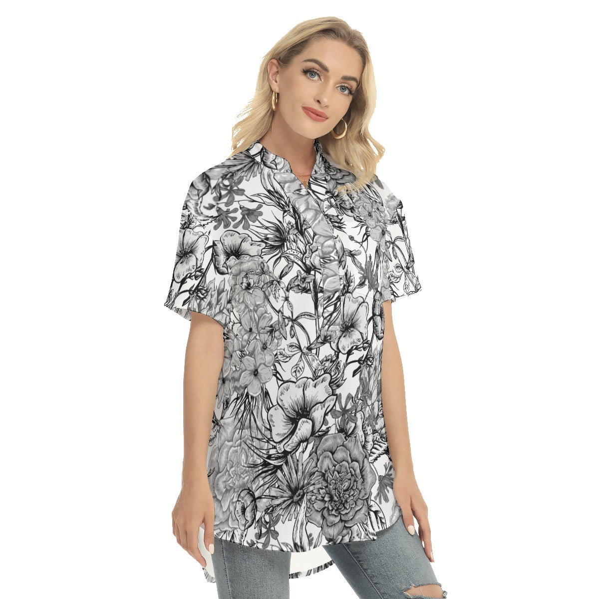 Floral  Women's Stand-up Collar Shirt With Open Button