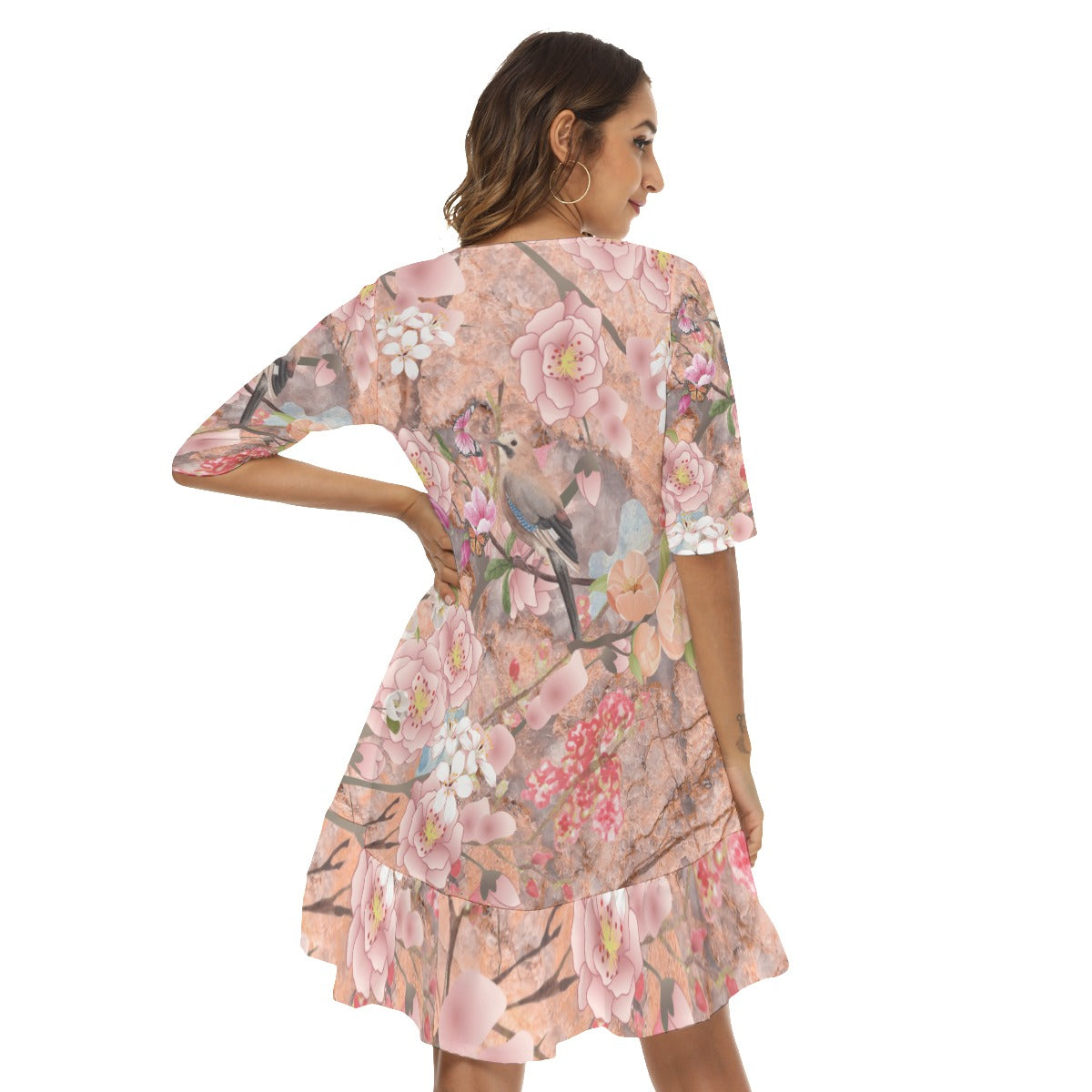 Cherry blossom  Women's Half Sleeve Dress With Ruffle Hem