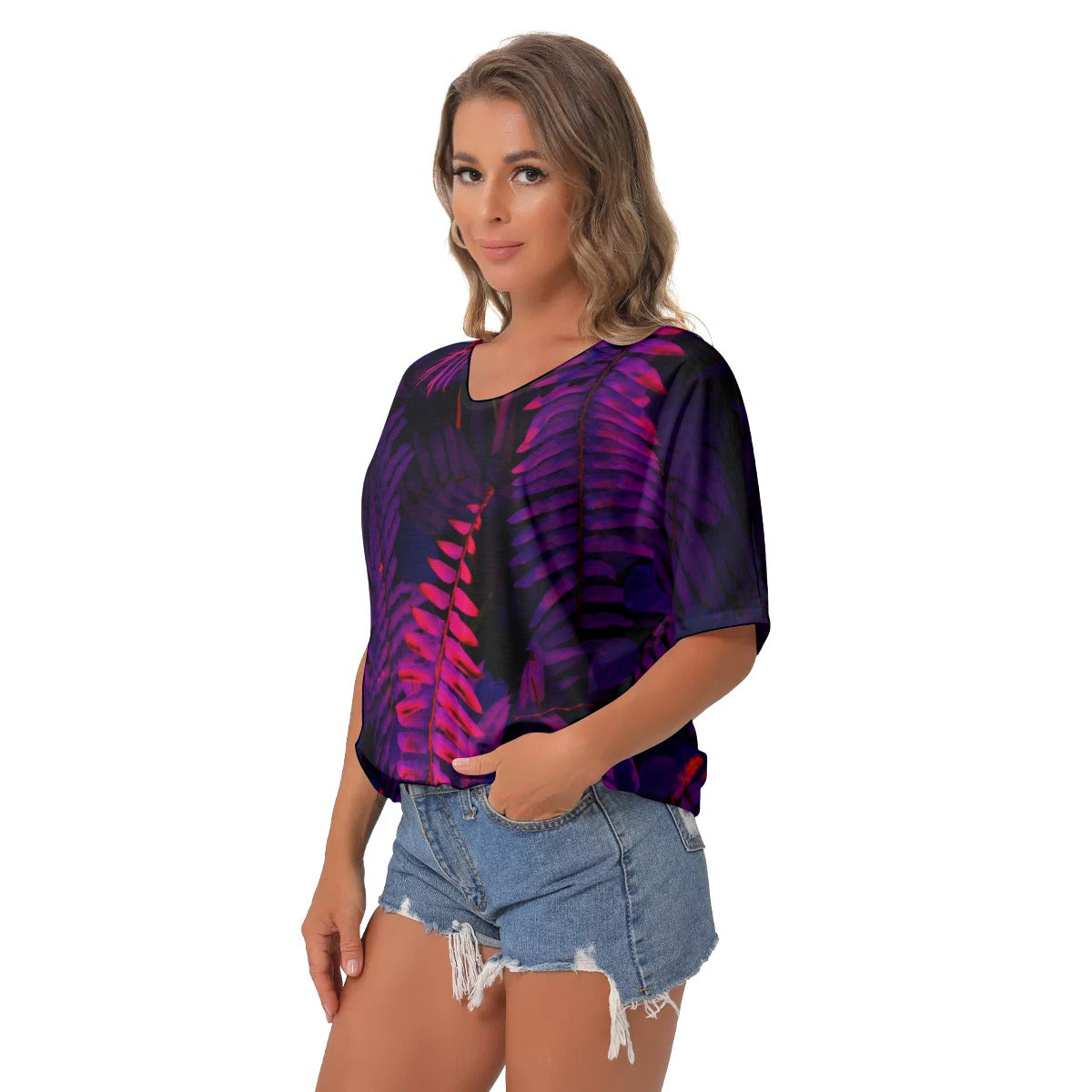 Black and neon All-Over Print Women's Bat Sleeves V-Neck Blouse