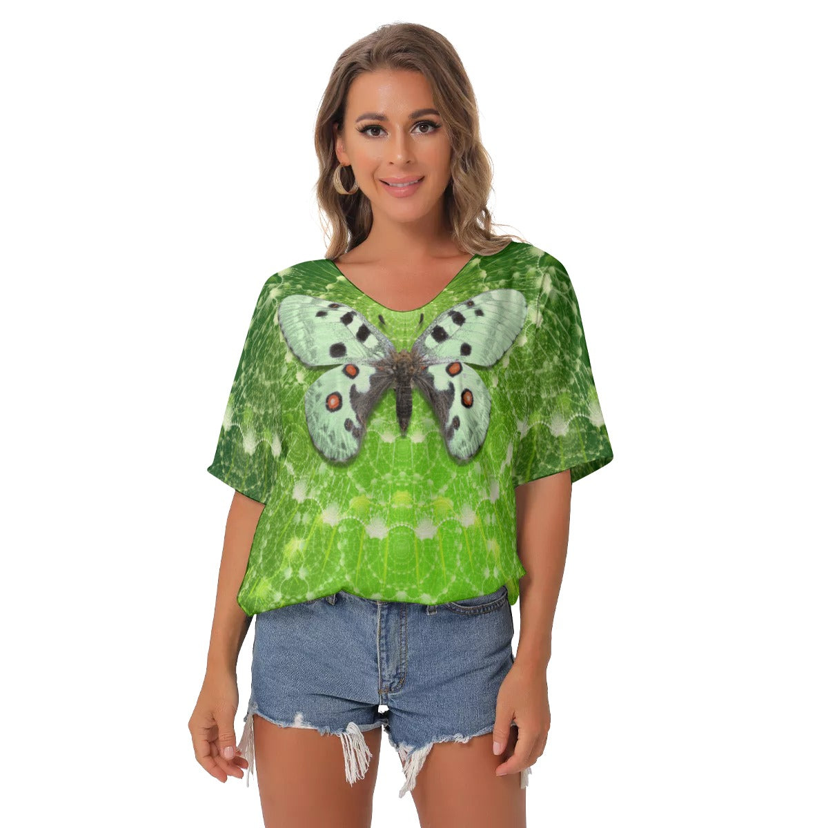 Green mandala butterfly All-Over Print Women's Bat Sleeves V-Neck Blouse