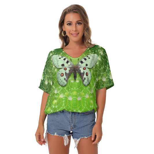 Green mandala butterfly All-Over Print Women's Bat Sleeves V-Neck Blouse