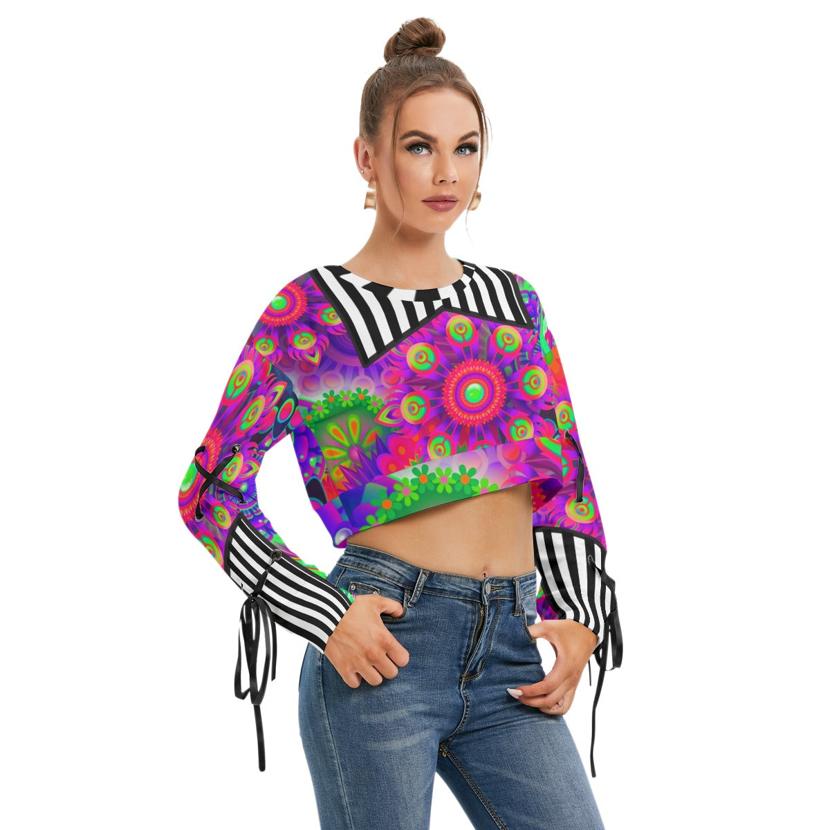 Bold and trippy Women's Long Sleeve Cropped Sweatshirt With Lace up sleeve