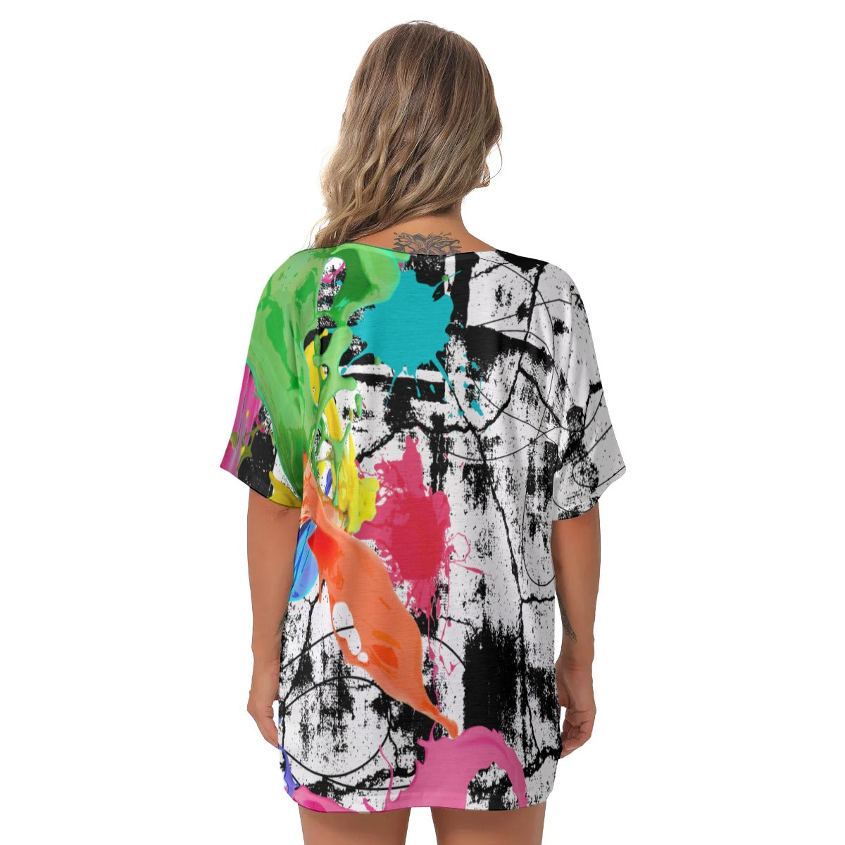 Color splash All-Over Print Women's Bat Sleeves V-Neck Blouse