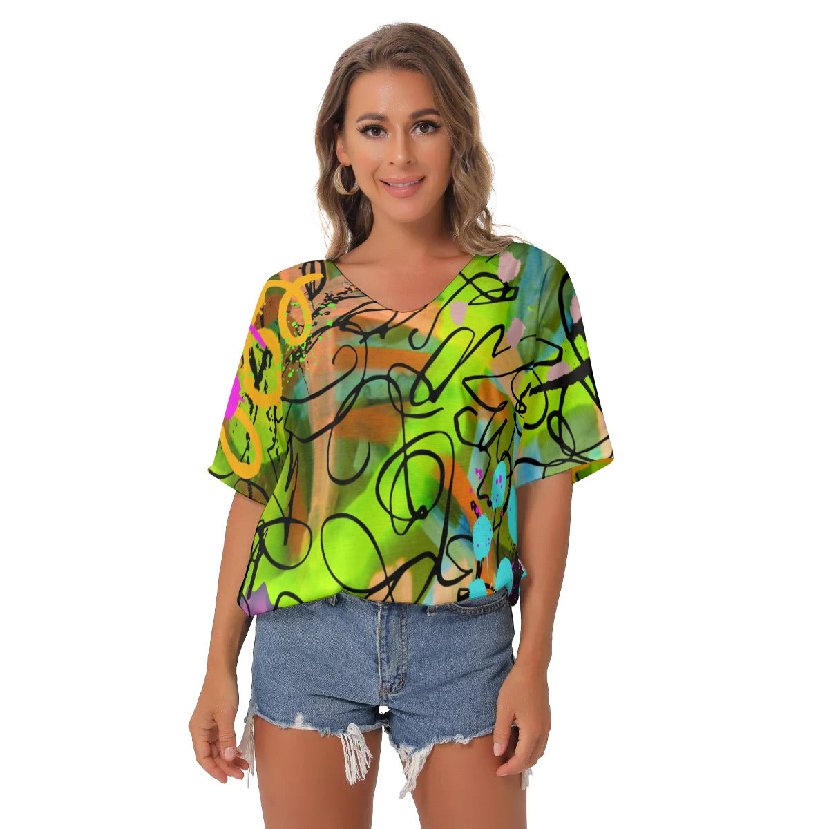 All-Over Print Women's Bat Sleeves V-Neck Blouse