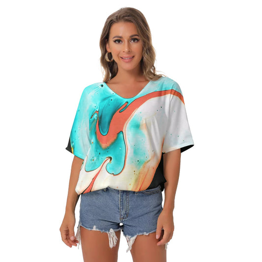 Teal abstract All-Over Print Women's Bat Sleeves V-Neck Blouse