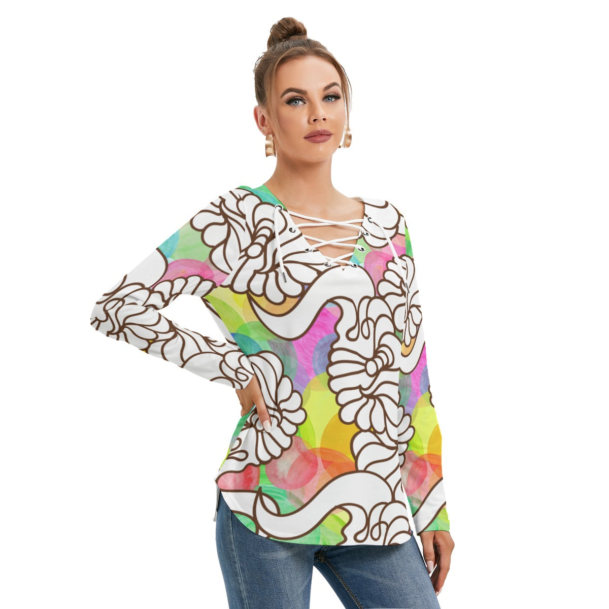 Color bubbles and shapes All-Over Print Women's Long Sleeve Neckline Tie shirt