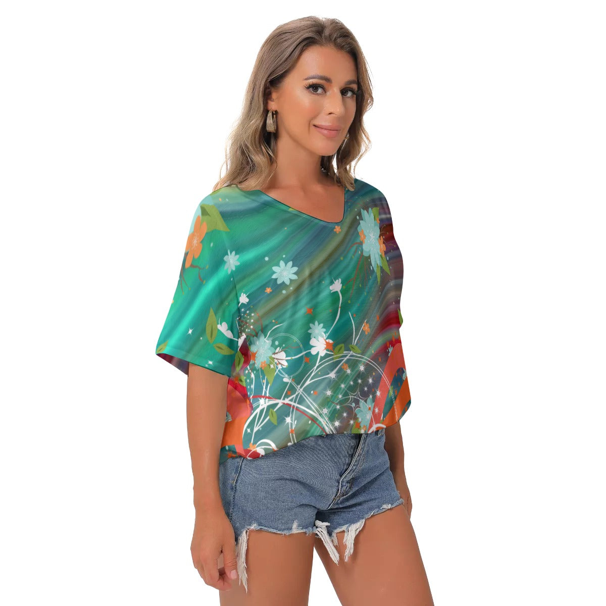 Springtime All-Over Print Women's Bat Sleeves V-Neck Blouse