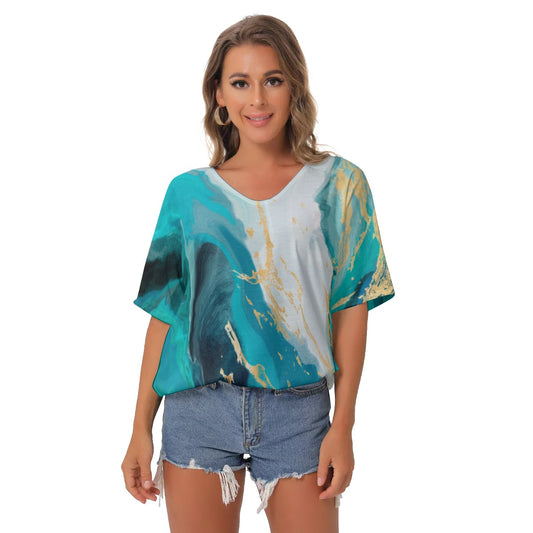 Blue and gold All-Over Print Women's Bat Sleeves V-Neck Blouse