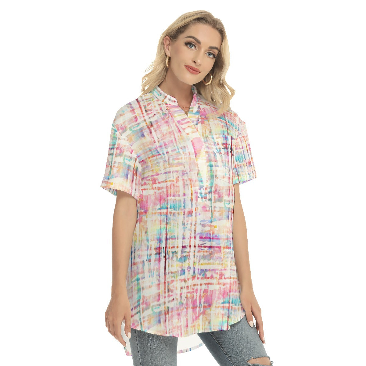 Abstract pastel Women's Stand-up Collar Shirt With Open Button