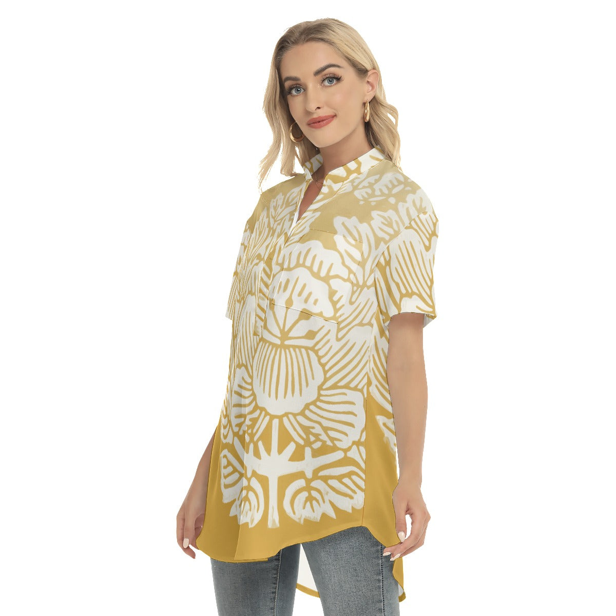 Abstract  Women's Stand-up Collar Shirt With Open Button