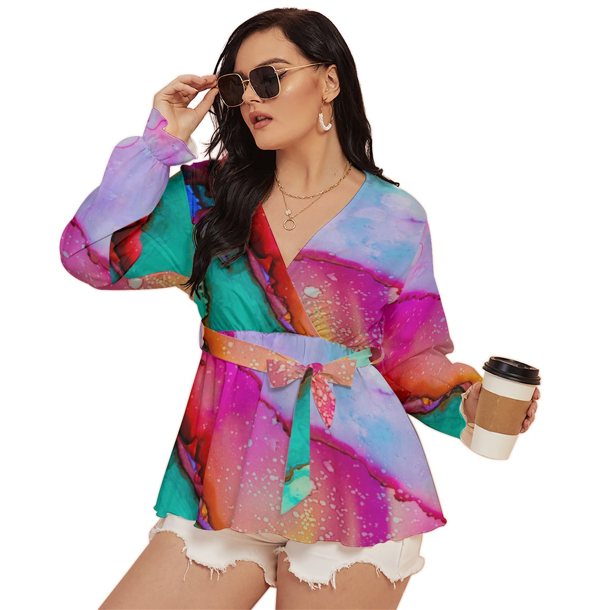 Abstract Multi color All-Over Print Women's V-neck With Waistband