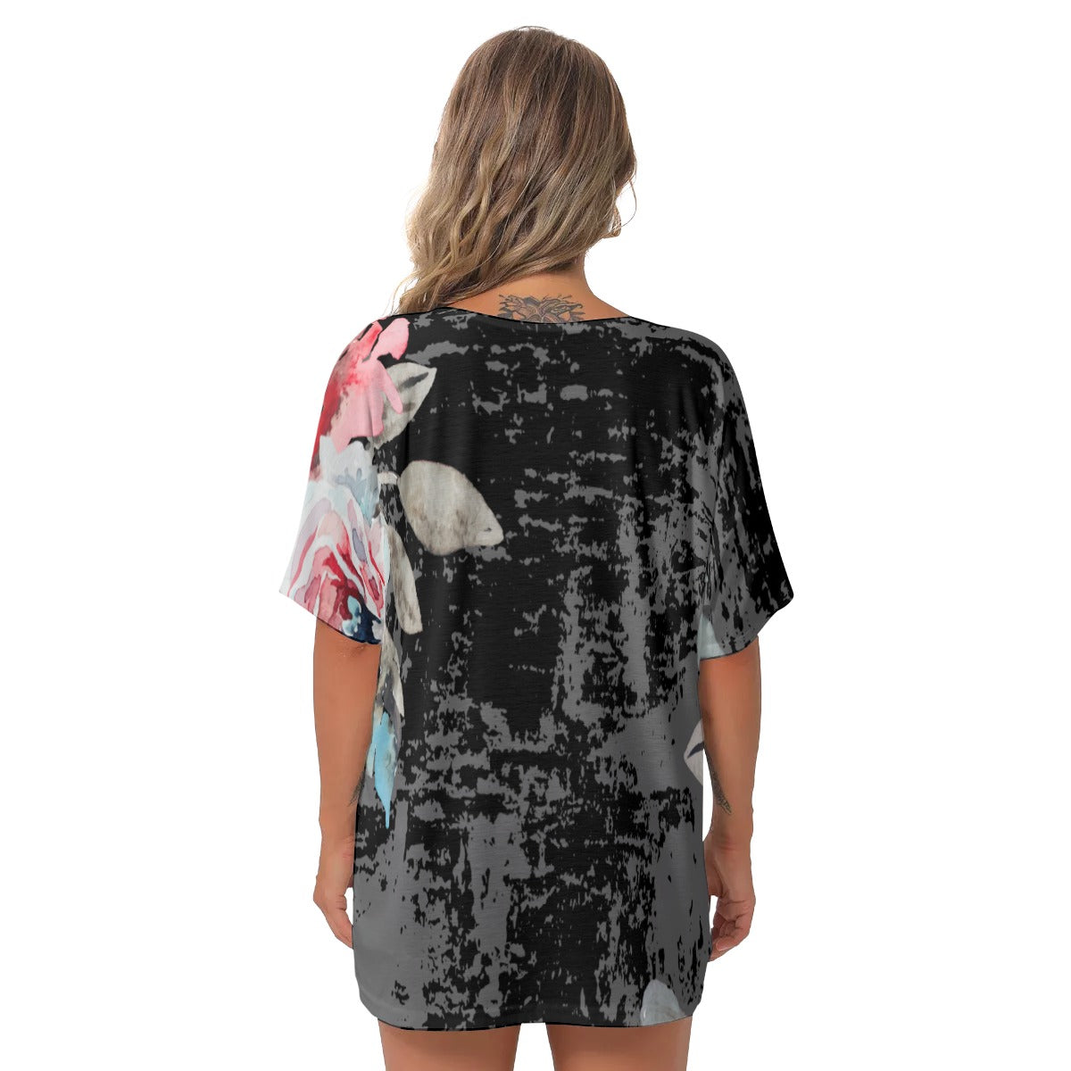 Black and floral All-Over Print Women's Bat Sleeves V-Neck Blouse