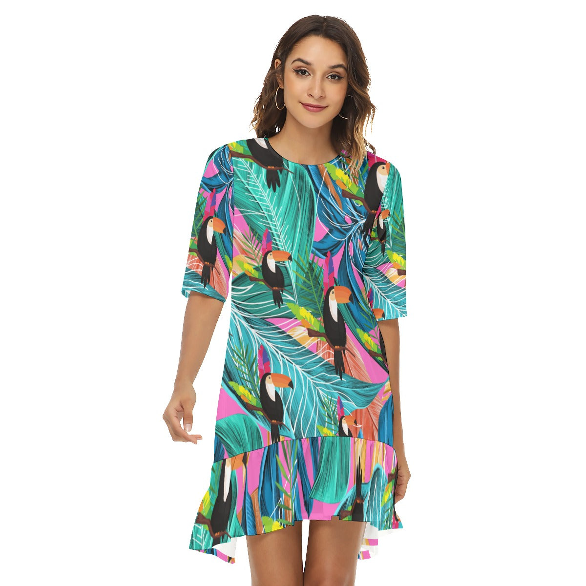 Tropical  Women's Half Sleeve Dress With Ruffle Hem