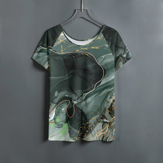 Green marble abstract Women's Round Neck T-shirt With Raglan Sleeve