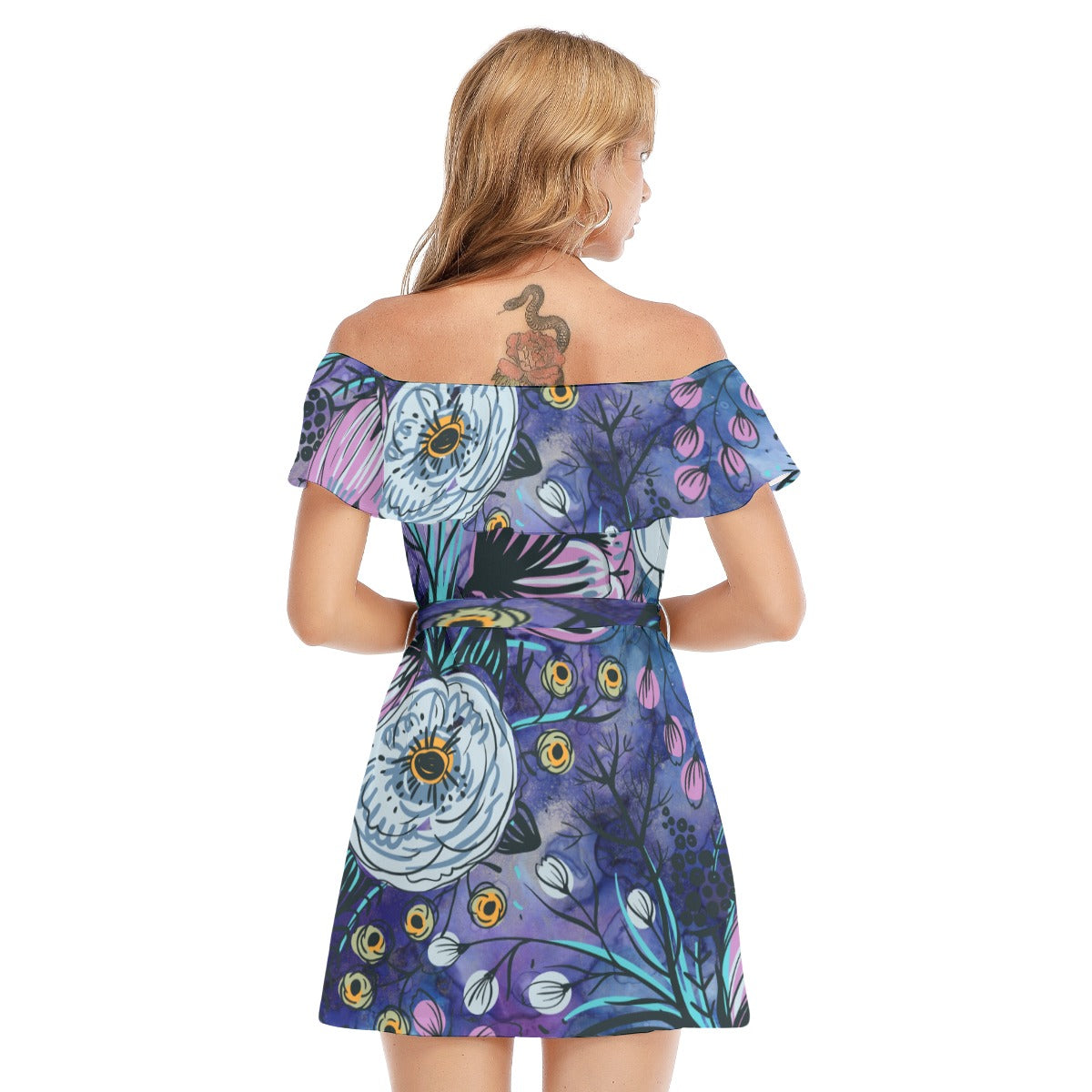 Purple floral All-Over Print Women's Off-shoulder Dress With Ruffle