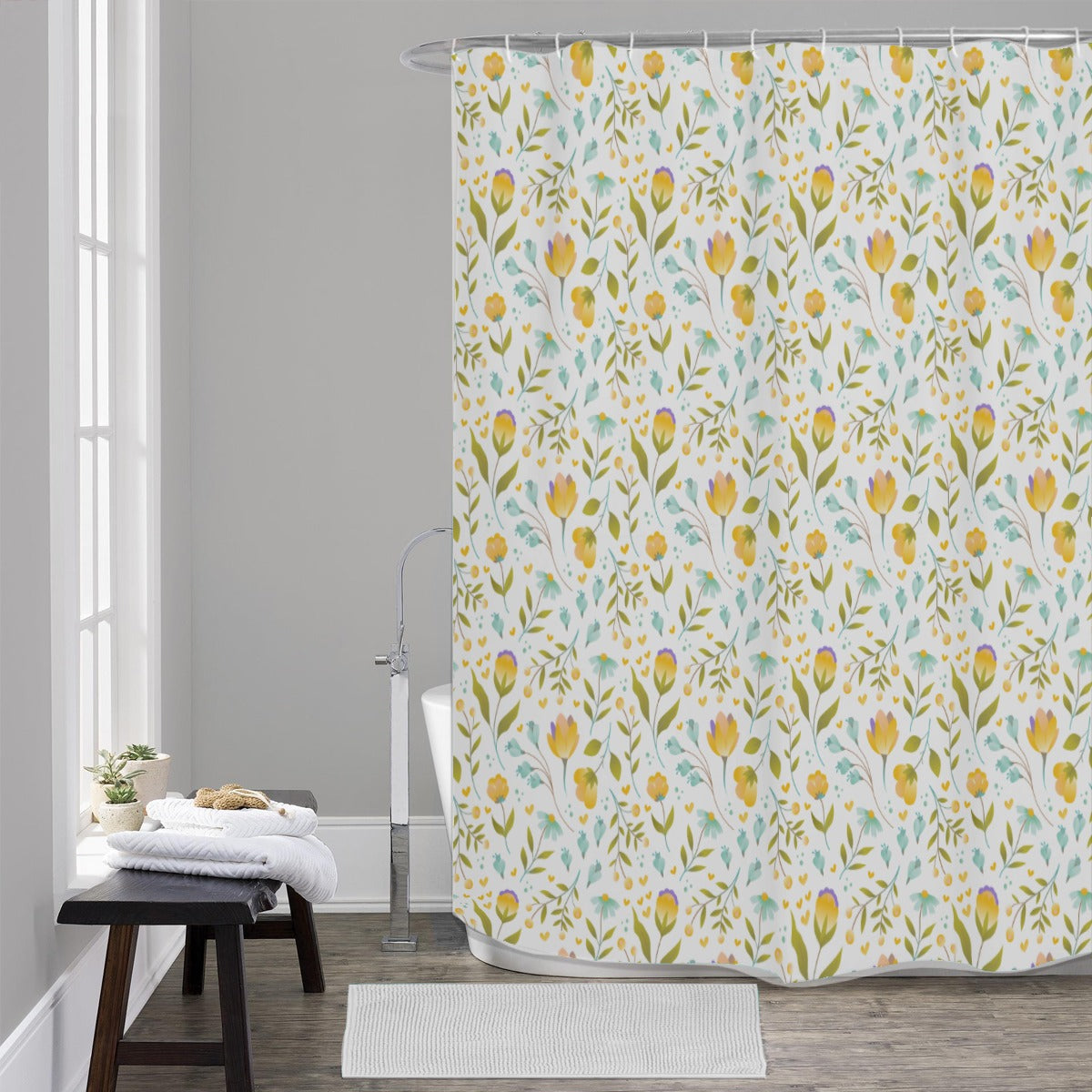 Yellow botanical polyester Shower Curtains 150（gsm）