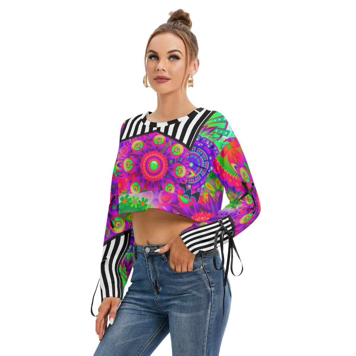 Bold and trippy Women's Long Sleeve Cropped Sweatshirt With Lace up sleeve