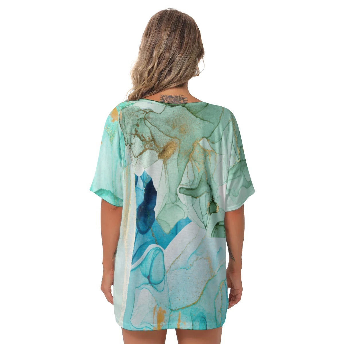 Green abstract All-Over Print Women's Bat Sleeves V-Neck Blouse