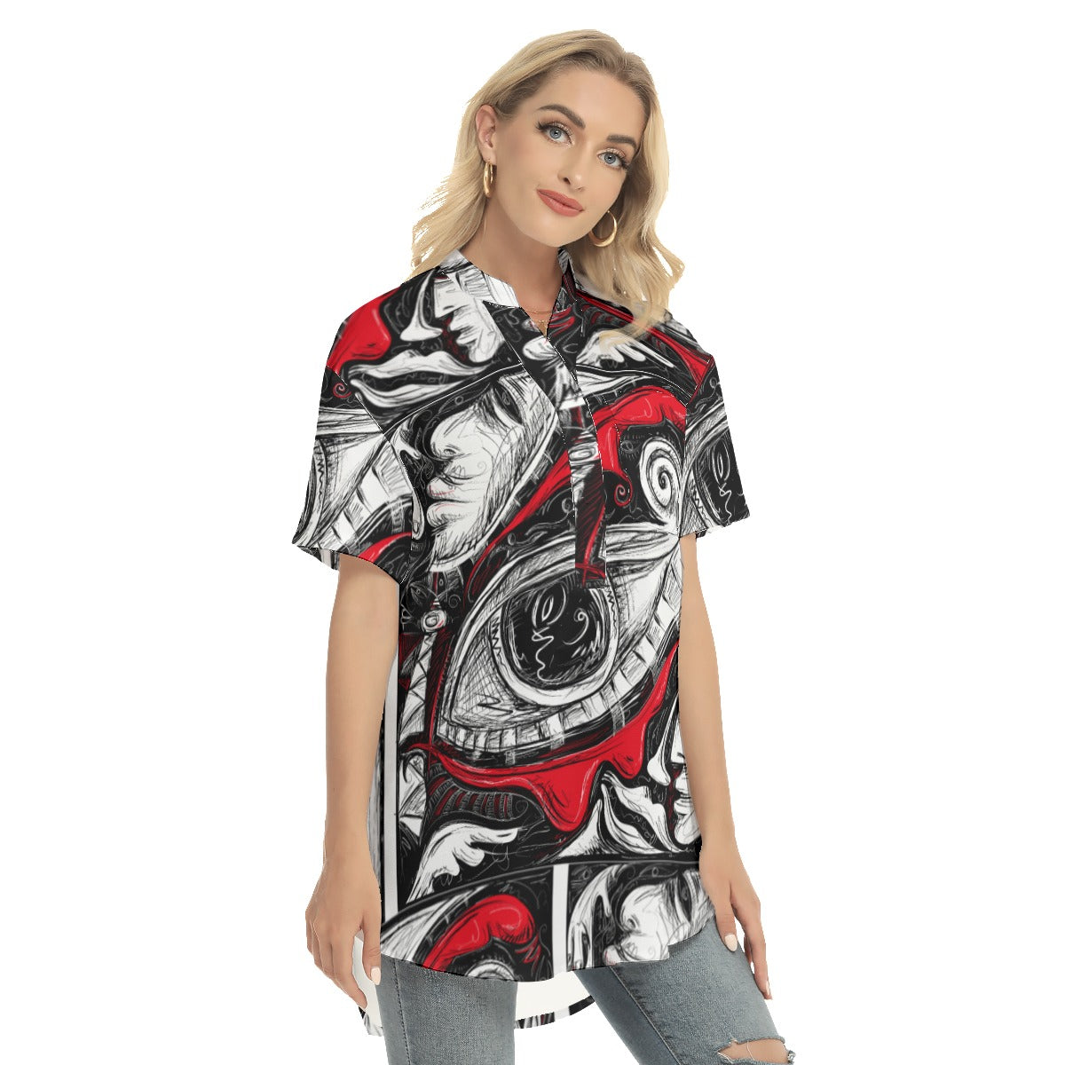 Abstract  Women's Stand-up Collar Shirt With Open Button