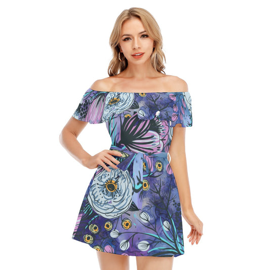 Purple floral All-Over Print Women's Off-shoulder Dress With Ruffle