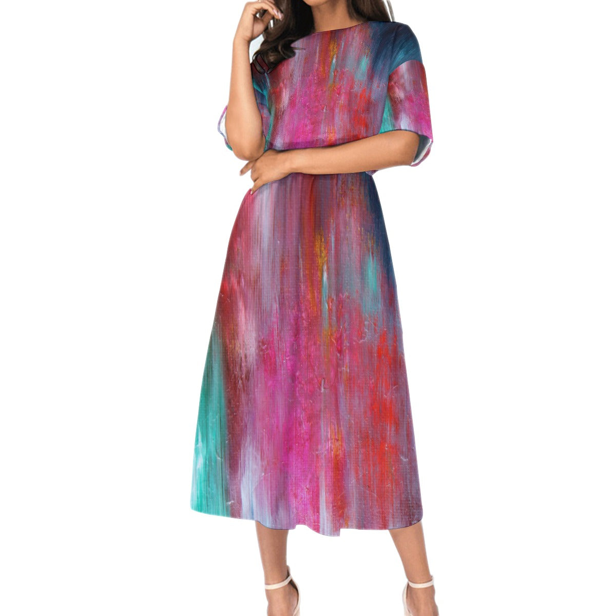 Pink abstract texture All-Over Print Women's Elastic Waist Dress