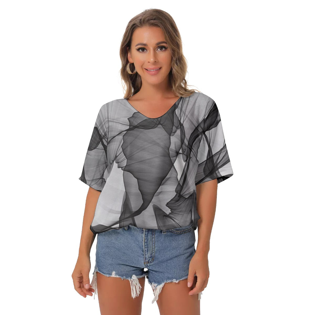 Black and grays abstract All-Over Print Women's Bat Sleeves V-Neck Blouse