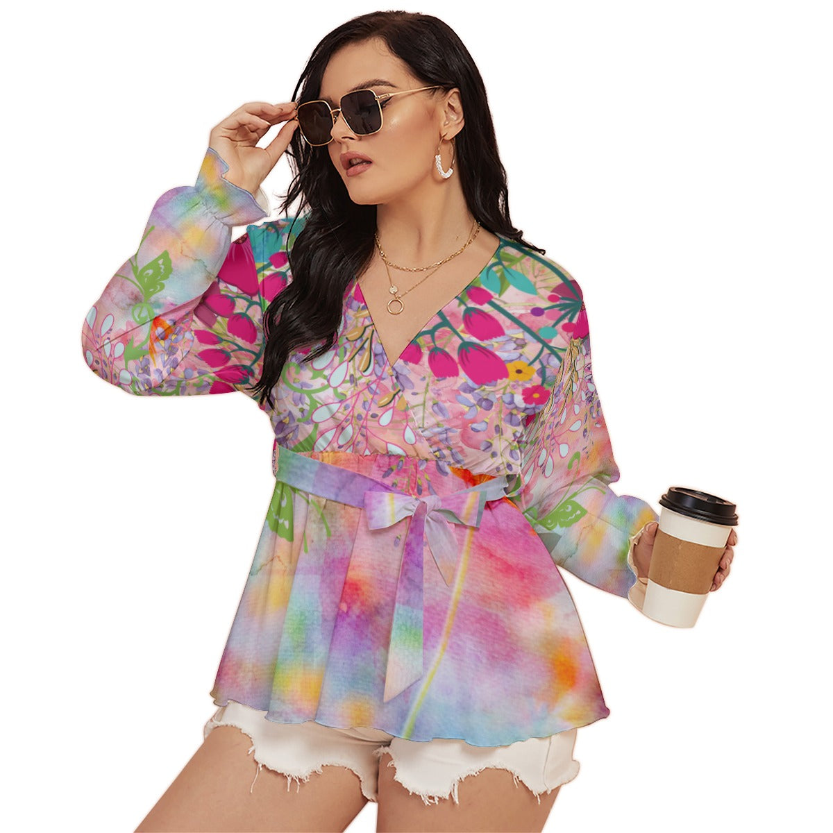 Pastel floral All-Over Print Women's V-neck With Waistband