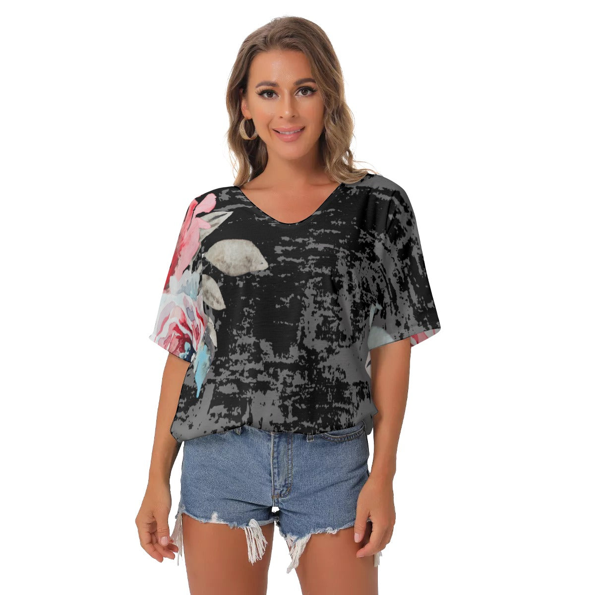 Black and floral All-Over Print Women's Bat Sleeves V-Neck Blouse