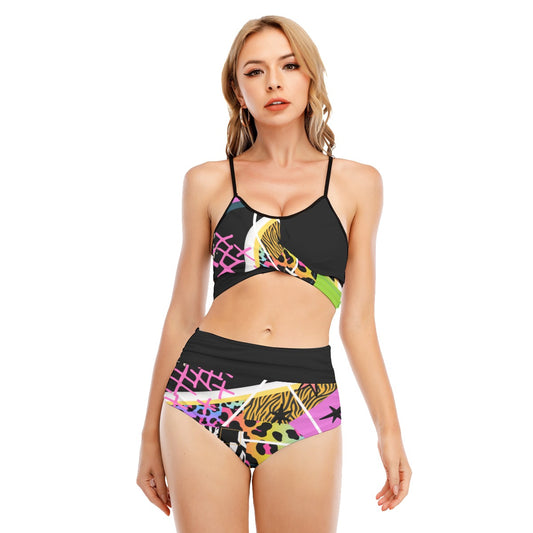 Animal print abstract Women's Bikini Swimsuit With Cross Straps