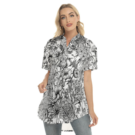 Floral  Women's Stand-up Collar Shirt With Open Button