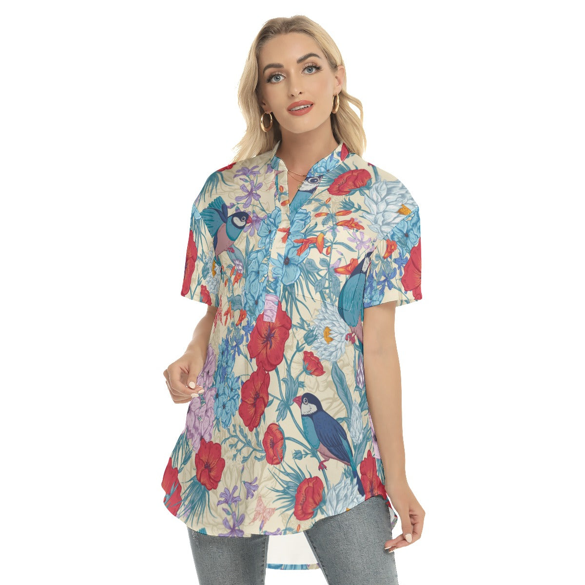 Floral Women's Stand-up Collar Shirt With Open Button