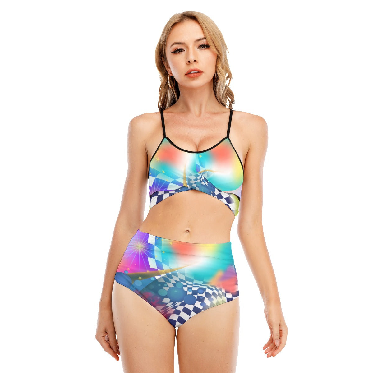 Abstract color  Women's Bikini Swimsuit With Cross Straps