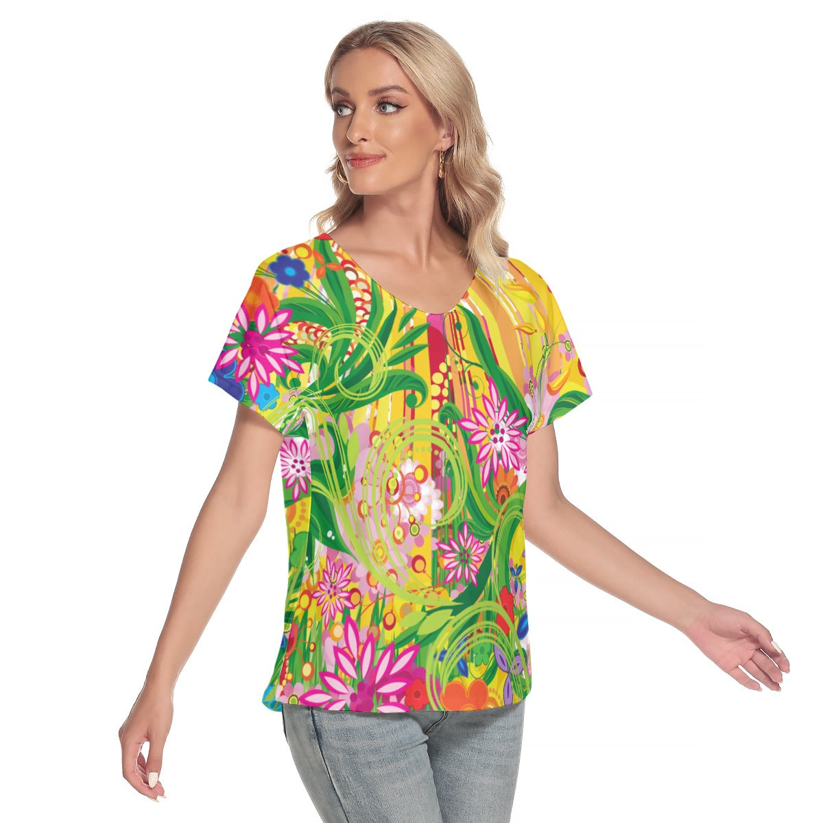 Bright floral  Women's Deep V-neck Short Sleeve T-shirt