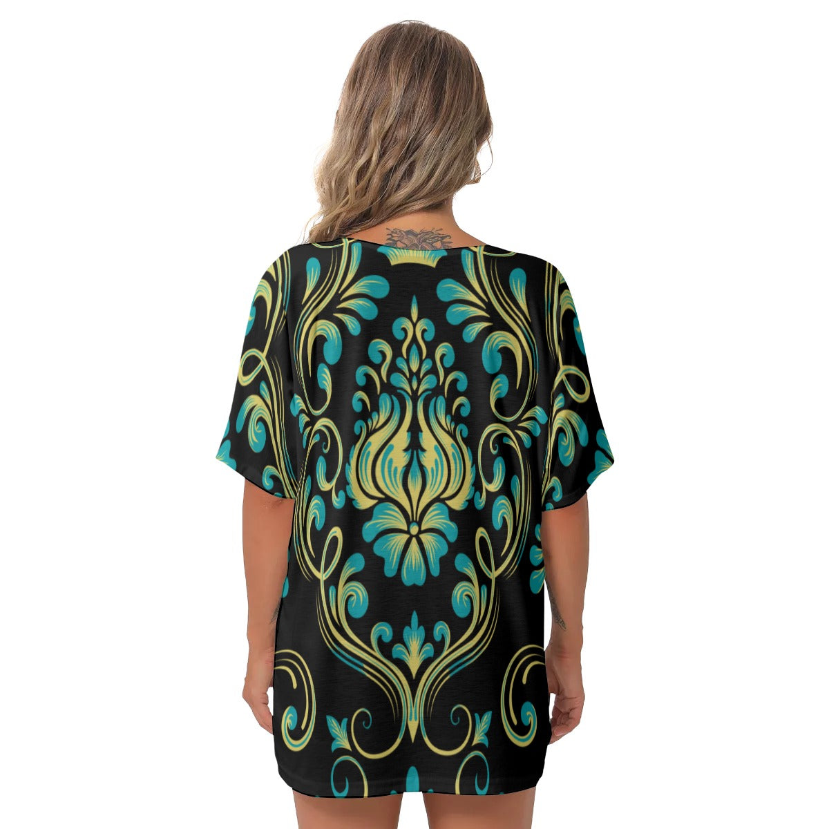 Black and teal baroque All-Over Print Women's Bat Sleeves V-Neck Blouse