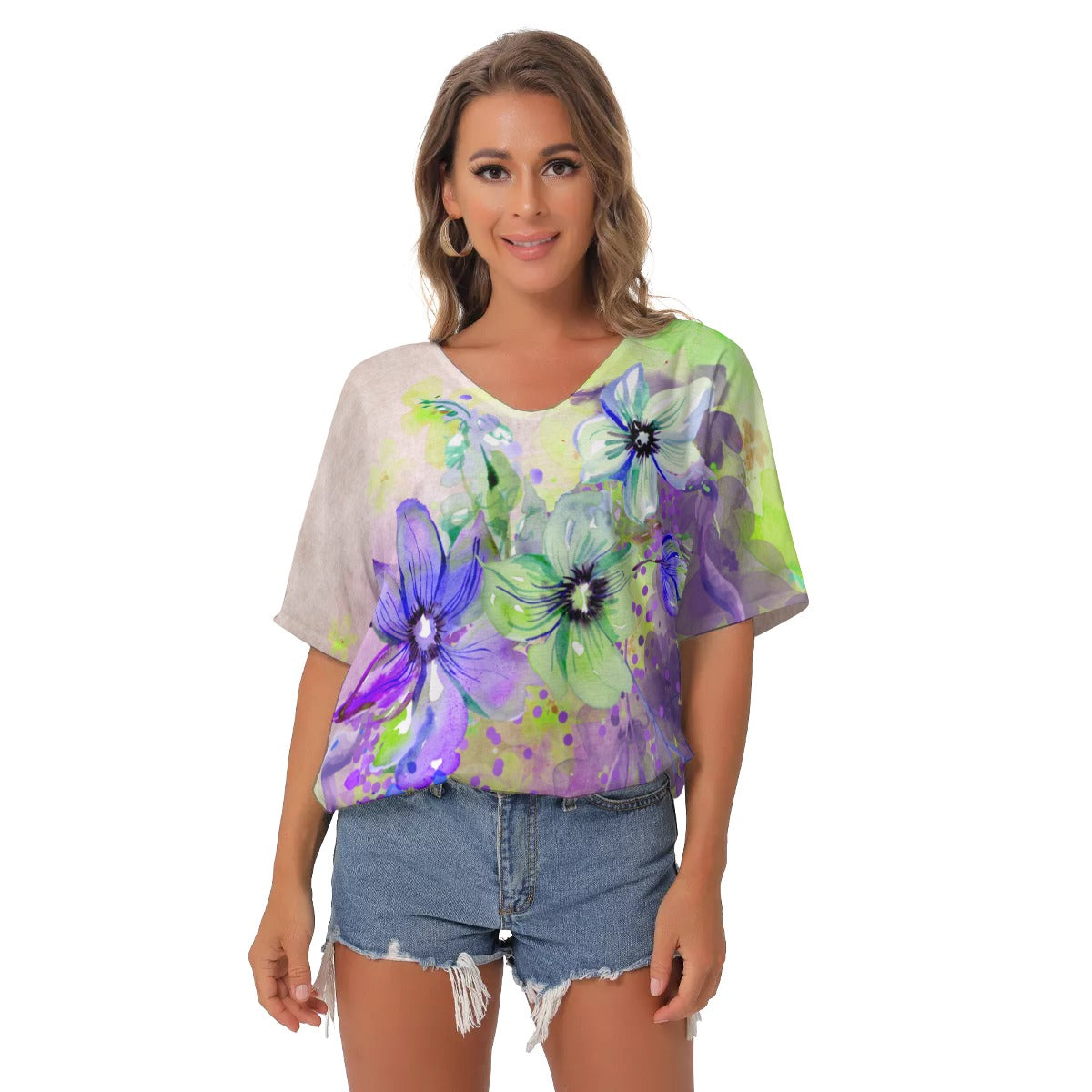 Purple floral All-Over Print Women's Bat Sleeves V-Neck Blouse